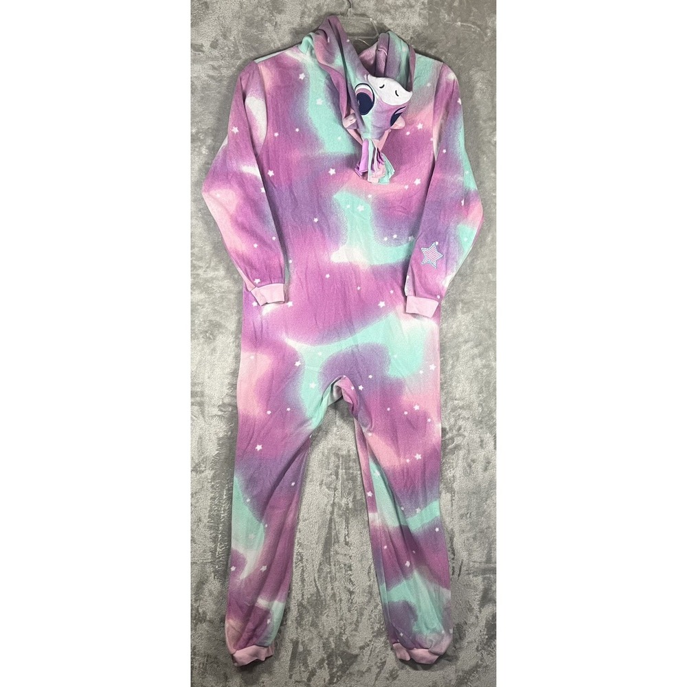 CAT & JACK SZ L 10-12Hooded Unicorn One Piece Fleece Sleeper Girls Tie Dye Stars - Picture 3 of 8